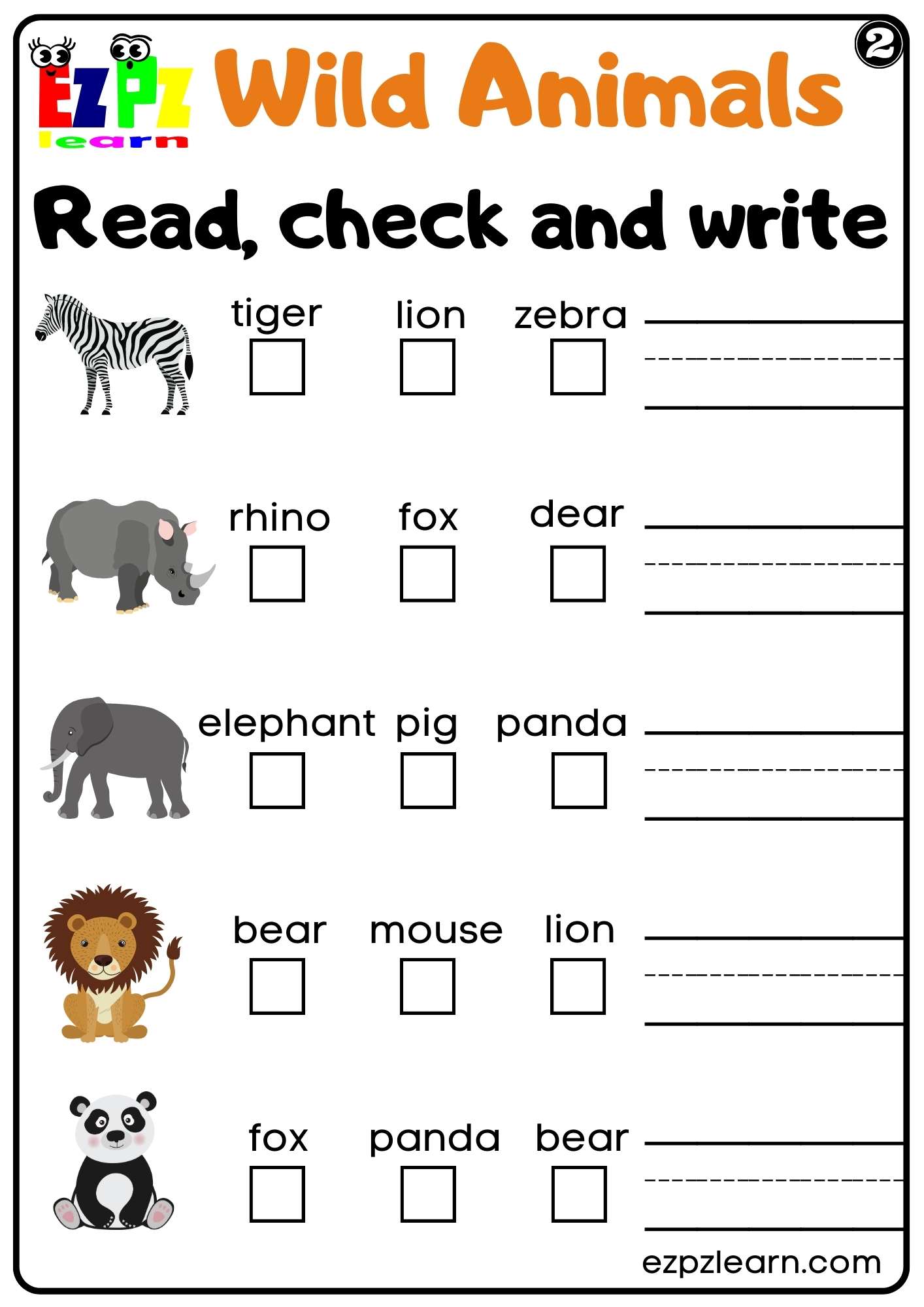 Wild Animals Read Check and Write Worksheet Set 2 For kids and ESL PDF Download